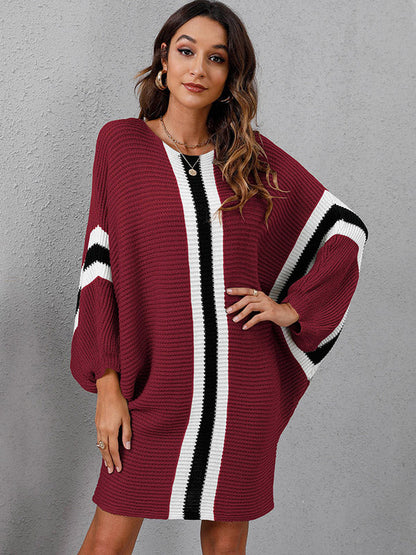 Original Loose 4 Colors Striped Round-Neck Batwing Long Sleeves Sweater Dress by migunica