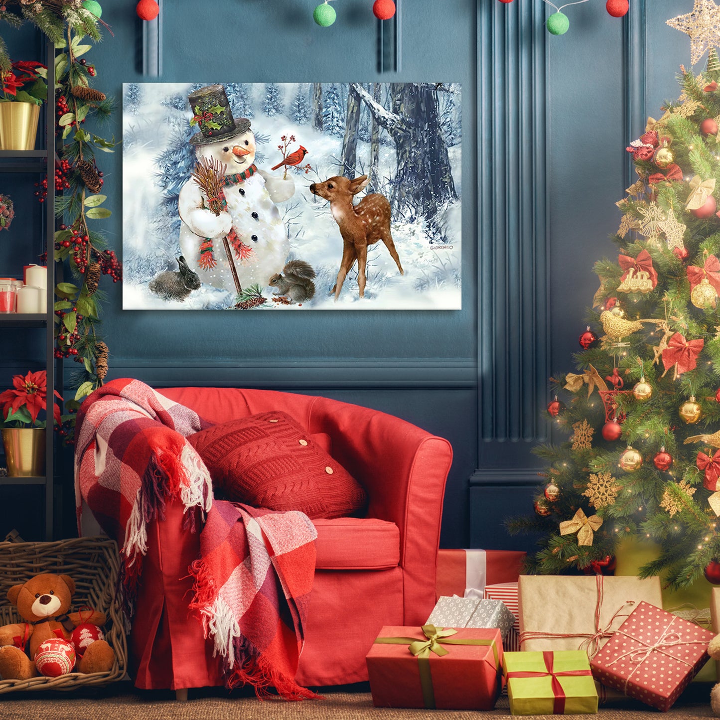 Framed Canvas Wall Art Decor Painting For Chrismas, Cute Snowman with Deer Chrismas Gift Painting For Chrismas Gift, Decoration For Chrismas Eve Office Living Room, Bedroom Decor-Ready To Hang