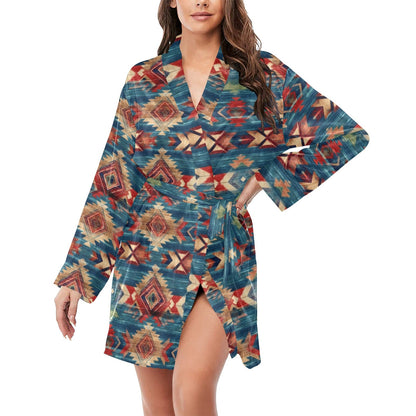 Blue Aztec Women's Long Sleeve Belted Satin Feel Dressing Lounge Robe by Baha Ranch Western Wear