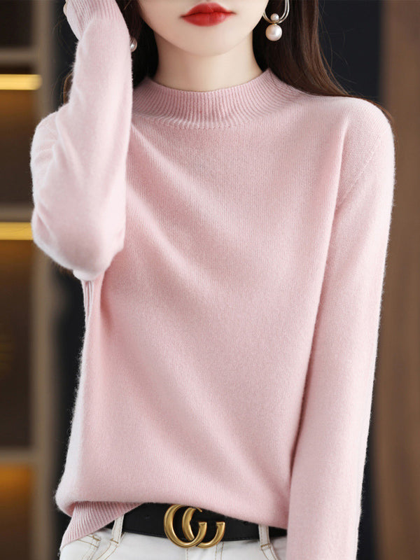 Office Long Sleeves Solid Color High-Neck Sweater Tops Pullovers by migunica