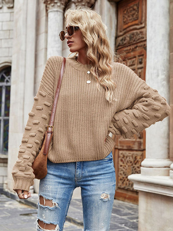 Trendy Tops Puff Sleeves Loose Solid Color Round-Neck Sweater Tops by migunica