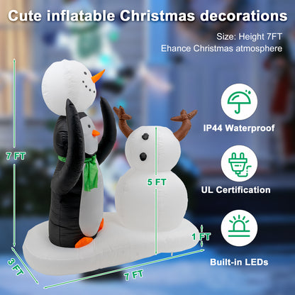 7 Foot Christmas Inflatable Penguin and Snowman Outdoor Decorations with Build-in LED Lights, Waterproof Xmas Family Inflatable Decor for Yard Lawn Garden