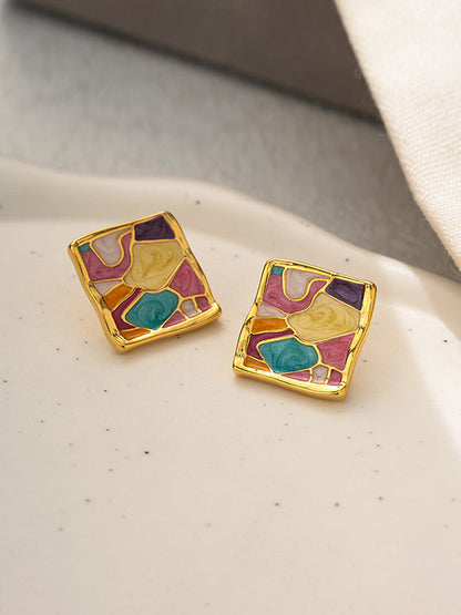 Multi-Colored Enamel Oil Painting Style Square Earrings by migunica