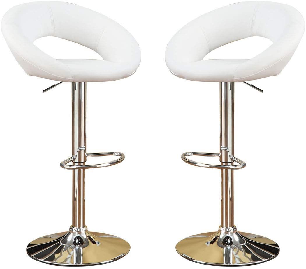 White Faux Leather Stool Adjustable Height Chairs Set of 2 Chair Swivel Design Chrome Base PVC Dining Furniture