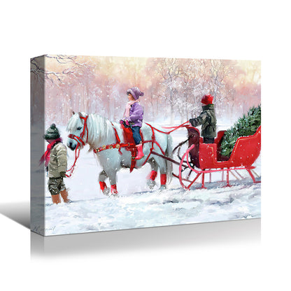 Framed Canvas Wall Art Decor Painting For Chrismas, White Horse with Sledge Chrismas Gift Painting For Chrismas Gift, Decoration For Chrismas Eve Office Living Room, Bedroom Decor-Ready To Hang