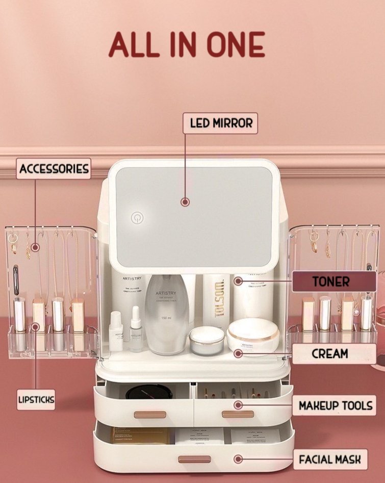 All-in-one Organizer with Led Mirror for Makeup Skincare & Accessories by INSPECIAL HOME