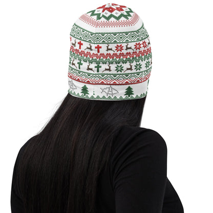 No King but Christ Ugly Christmas All-Over Print Beanie by Proud Libertarian