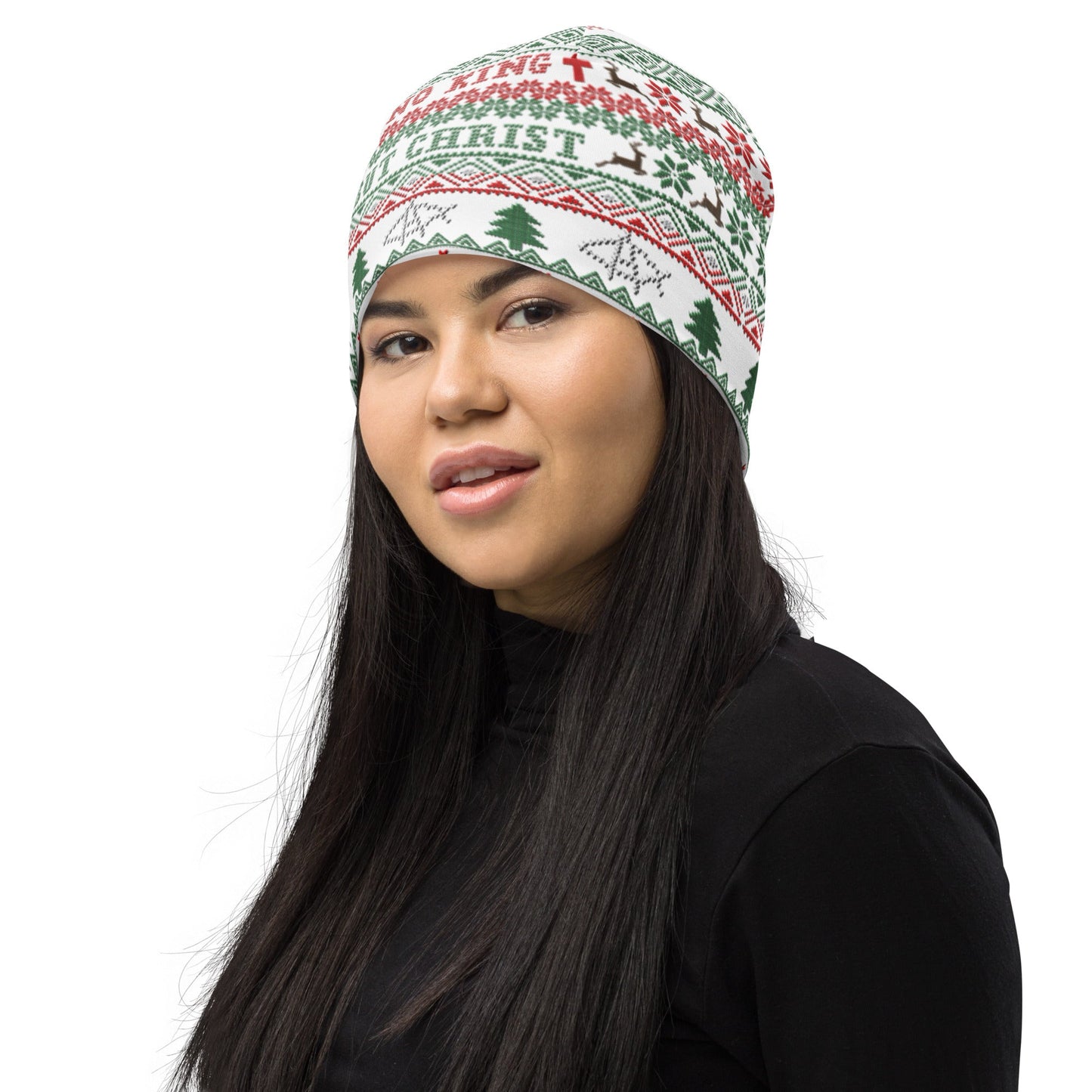 No King but Christ Ugly Christmas All-Over Print Beanie by Proud Libertarian