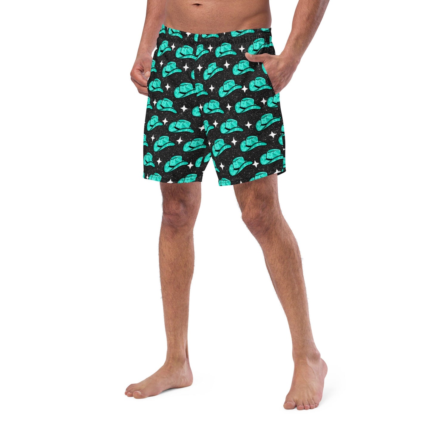 Yeehaw Turquoise Hat Men's Swim Trunks by Baha Ranch Western Wear