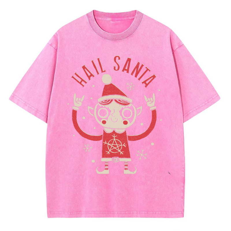 Unisex Hail Santa Printed Retro Washed Short Sleeved T-Shirt by migunica