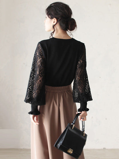 Original Loose Hollow Lace Round-Neck Long Puff Sleeves Sweater Pullovers by migunica