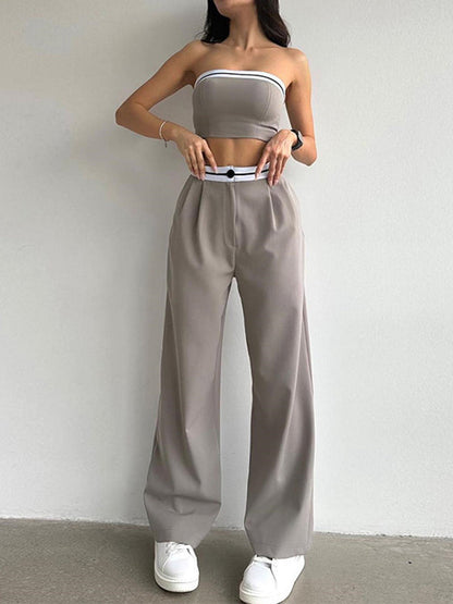 Sleeveless Contrast Color Tube Tube Top + High Waisted Pleated Buttoned Pants Bottom Two Pieces Set by migunica