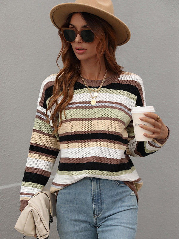 Original Long Sleeves Loose Contrast Color Striped Round-Neck Sweater Tops by migunica