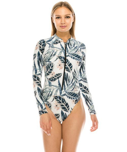 ONE PIECE LONG SLEEVE LEAF PRINT SWIMSUIT