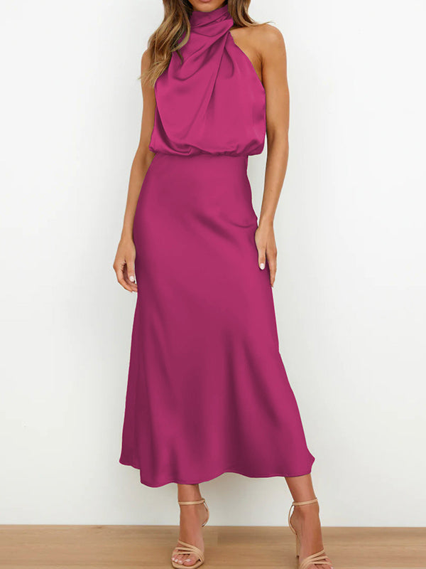 Sleeveless Solid Color Halter-Neck Midi Dresses by migunica