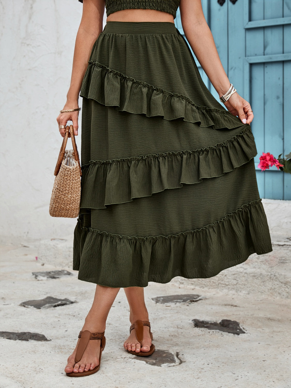 Ruffled Elastic Waist Midi Skirt by BlakWardrob