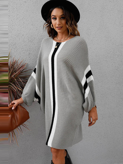 Original Loose 4 Colors Striped Round-Neck Batwing Long Sleeves Sweater Dress by migunica