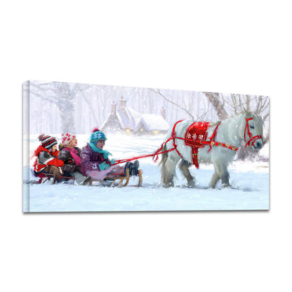 Framed Canvas Wall Art Decor Painting For Chrismas,  Kids on White Horse Sledge Painting For Chrismas Gift, Decoration For Chrismas Eve Office Living Room, Bedroom Decor-Ready To Hang