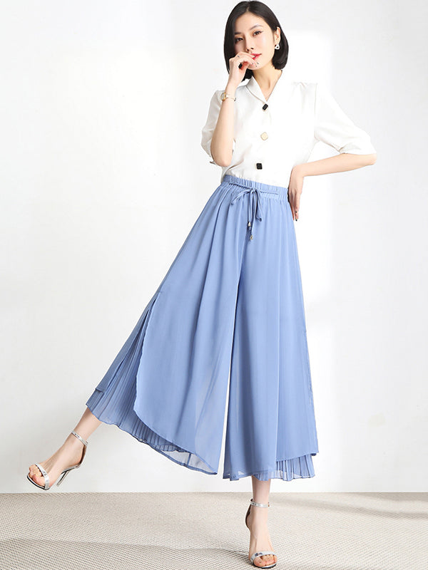 Urban Drawstring High-Waisted Wide Leg Chiffon Pants by migunica