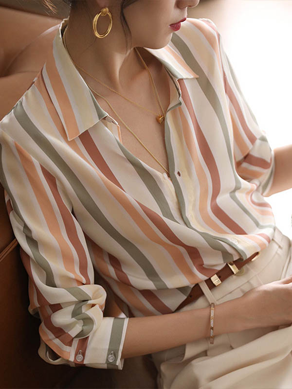 Long Sleeves Multi-Colored Striped Lapel Shirts Tops by migunica