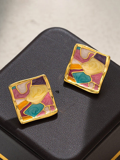 Multi-Colored Enamel Oil Painting Style Square Earrings by migunica