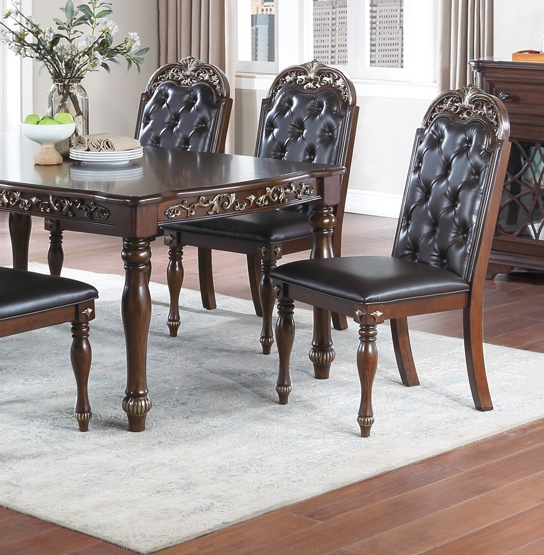 Majestic Formal Set of 2 Side Chairs Brown Finish Rubberwood Dining Room Furniture Intricate Design Cushion Upholstered Seat Tufted Back