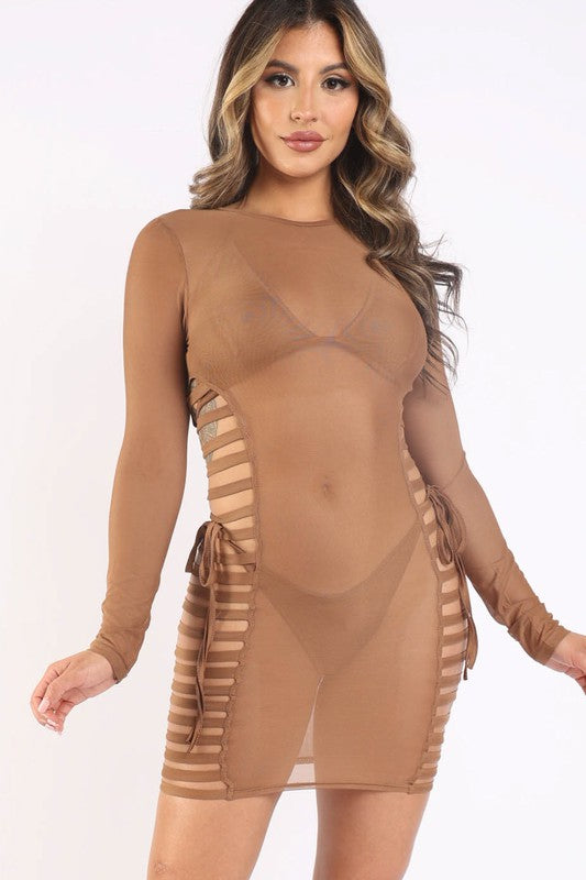 Strappy side detailed mesh cover up and bikini set