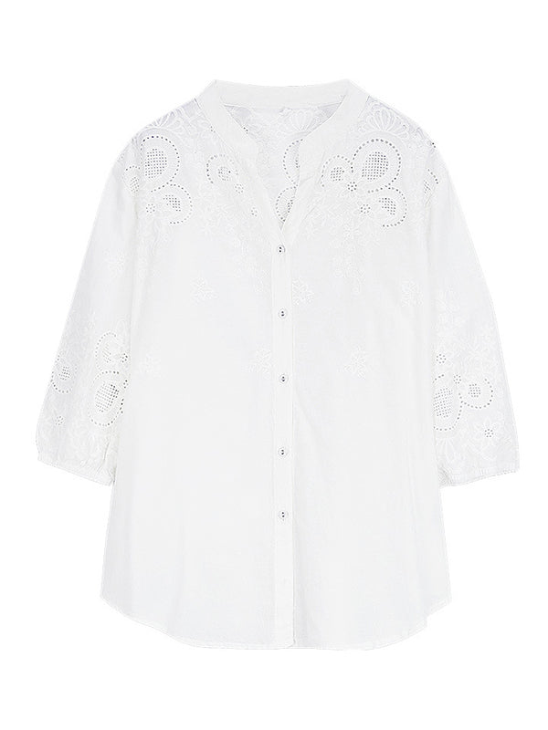 Vintage Half Sleeves Hollow Embroidered White Blouse by migunica