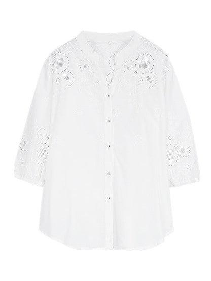 Vintage Half Sleeves Hollow Embroidered White Blouse by migunica