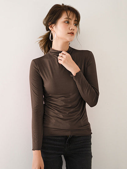 10 Colors Simple Solid Color Long Sleeves High-Neck T-Shirt Top by migunica