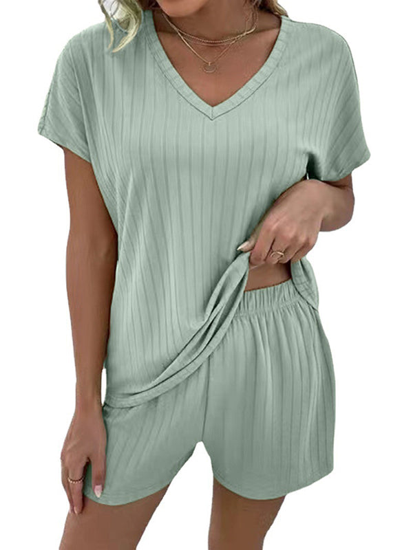 Solid Color Striped Short Sleeves T-Shirt + Elasticity Shorts Pajama Sets by migunica