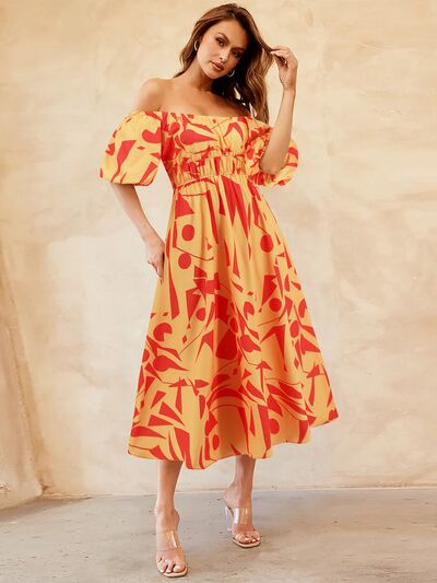 Printed Off-Shoulder Balloon Sleeve Dress by BlakWardrob