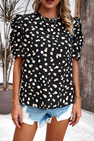 Tied Printed Puff Sleeve Blouse by migunica