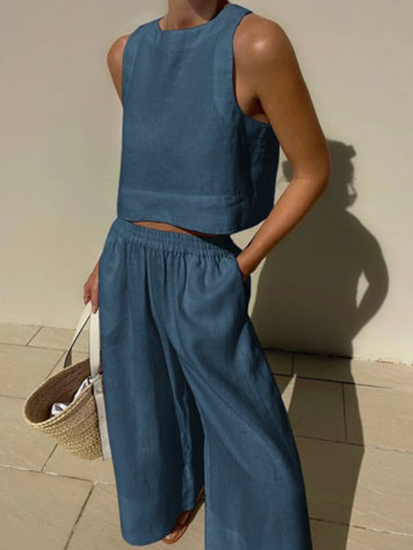 Solid Color Round-Neck Sleeveless Vest + Elasticity Wide Leg Pants Two Pieces Set by migunica