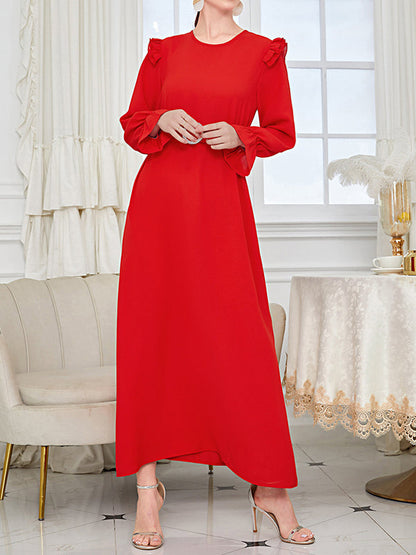 Ruffle Sleeves Belted Solid Color Round-Neck Maxi Dresses by migunica