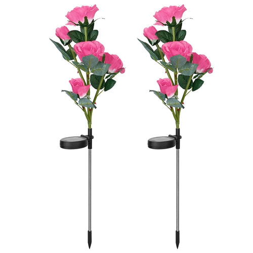 2Pcs Solar Powered Lights Outdoor Rose Flower LED Decorative Lamp Water Resistant Pathway Stake Lights For Garden Patio Yard Walkway - Pink by VYSN