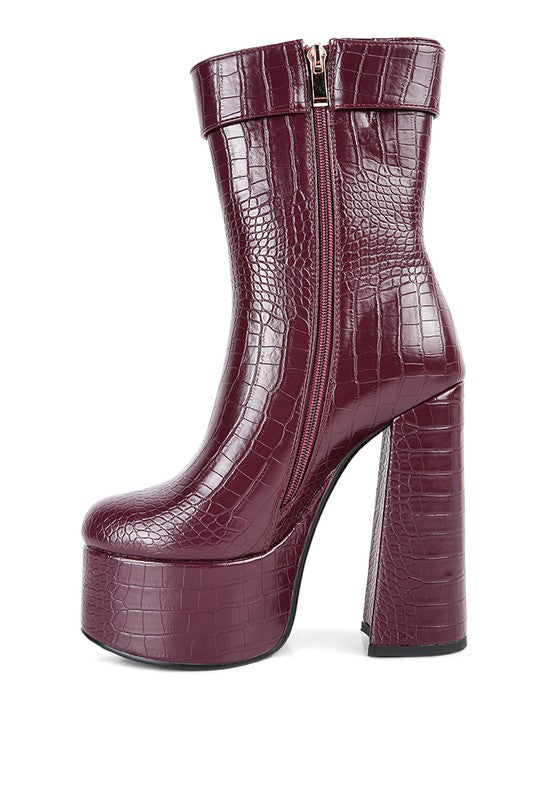 Bumpy Croc High Block Heeled Chunky Ankle Boots