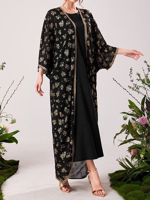 Muslim High Waisted Round-Neck Inner Dress + Flower Print Gauze Batwing Sleeves Outerwear Two Pieces Set by migunica