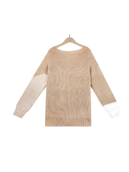 Casual Long Sleeves Loose Contrast Color Round-Neck Sweater Tops by migunica