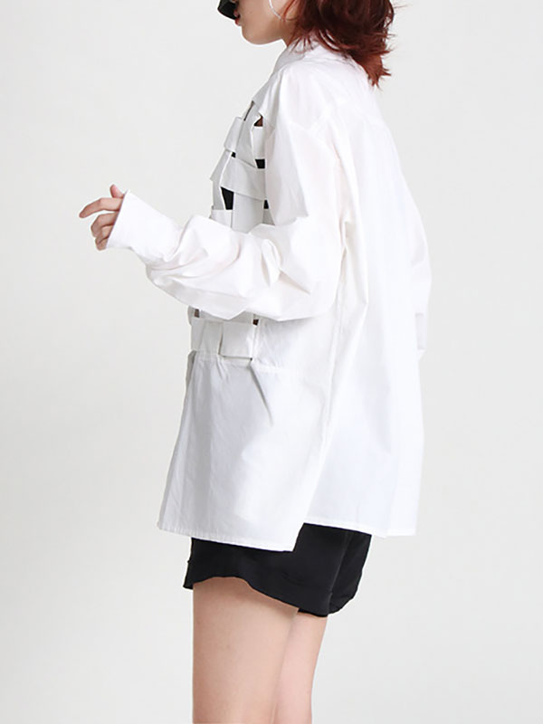 Original Loose Puff Sleeves Buttoned Hollow Solid Color Lapel Collar Blouses&Shirts Tops by migunica