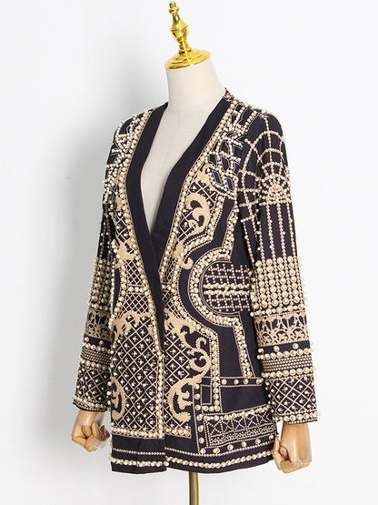 Original Creation Loose Long Sleeves Beads Printed V-Neck Blazer Outerwear by migunica