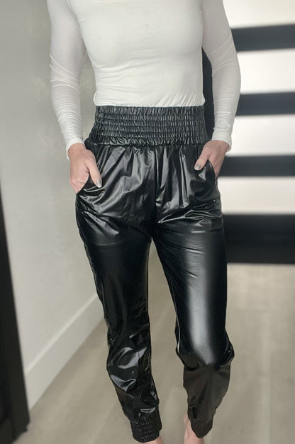 Smocked High-Waist Leather Skinny Pants by Pretty Little Patriot