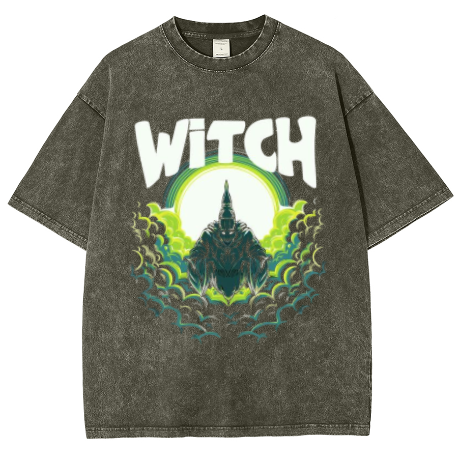 Witch Unisex Oversized Print Vintage Wash Denim T-Shirt by migunica