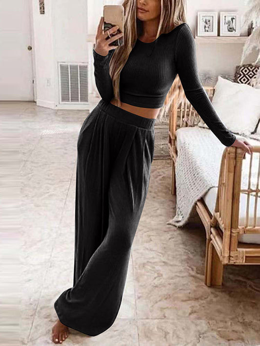 Plus Size Solid Color Round-Neck Long Sleeves Shirts Top + Pants Bottom Two Pieces Set by migunica