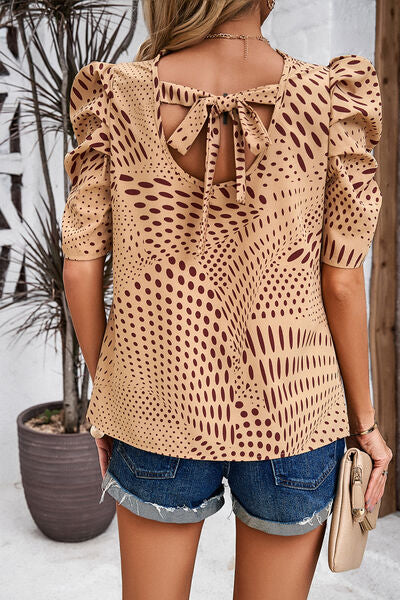 Tied Printed Puff Sleeve Blouse by migunica