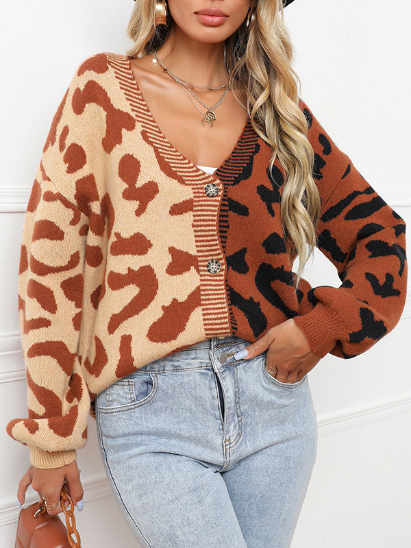 Long Sleeves Loose Buttoned Leopard Split-Joint V-Neck Cardigan Tops by migunica