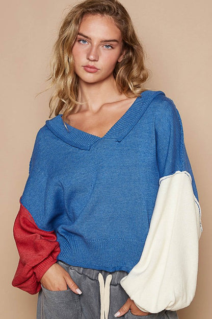 POL Exposed Seam Contrast V-Neck Lantern Sleeve Sweater