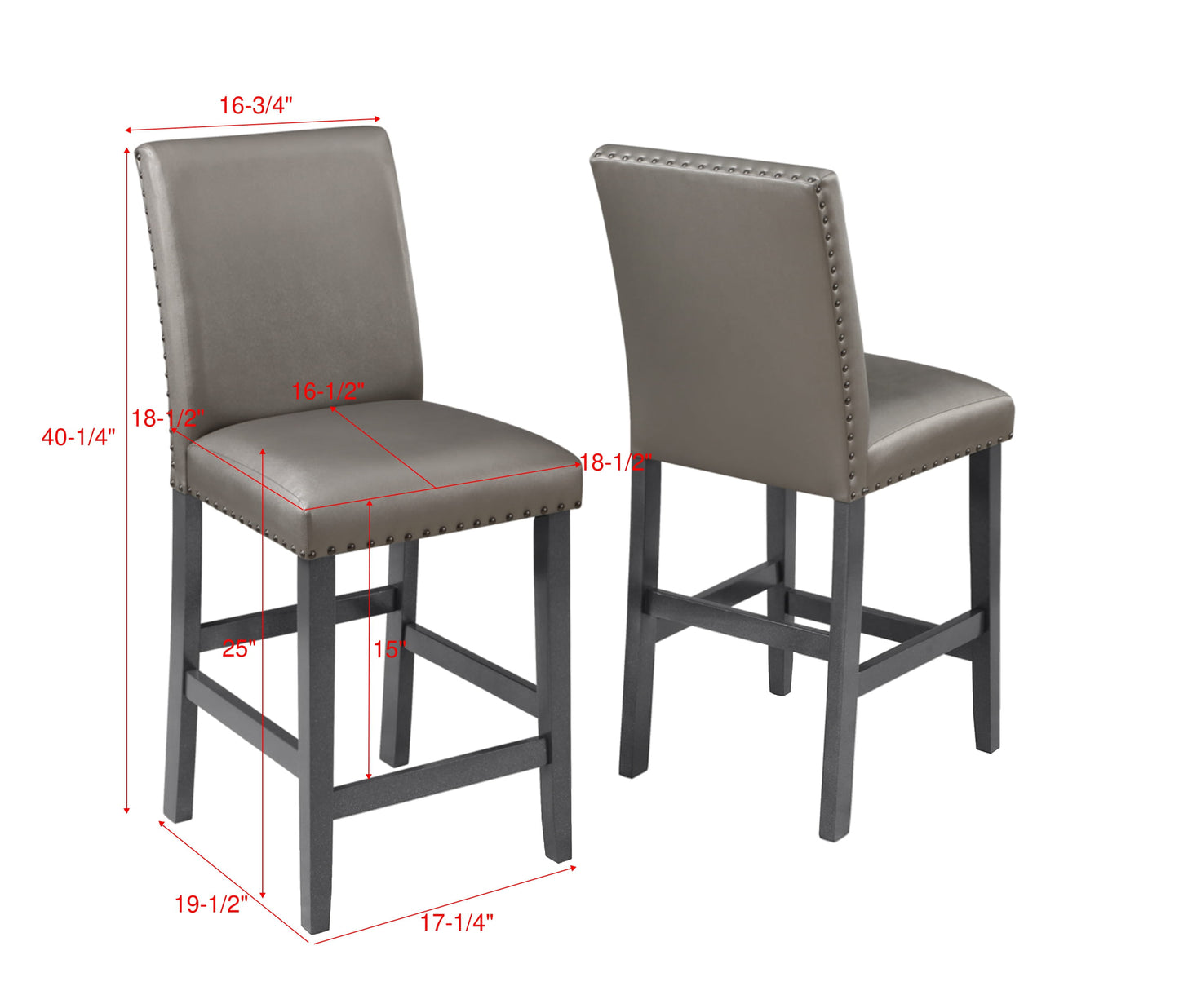 Traditional Modern 2pc Set Counter Height Dining Side Chairs Upholstered PU Fabric Zinc Gunmetal Brown Two-Tone Finish Nailhead Trim Dining Room Furniture