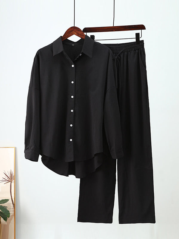 Solid Color High-Low Long Sleeves Lapel Blouses + Drawstring Pants Two Pieces Set by migunica