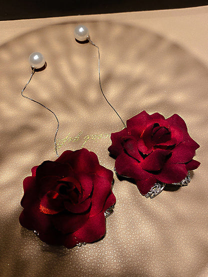 Vintage Red Rose Floral Pearl Earrings Accessories by migunica